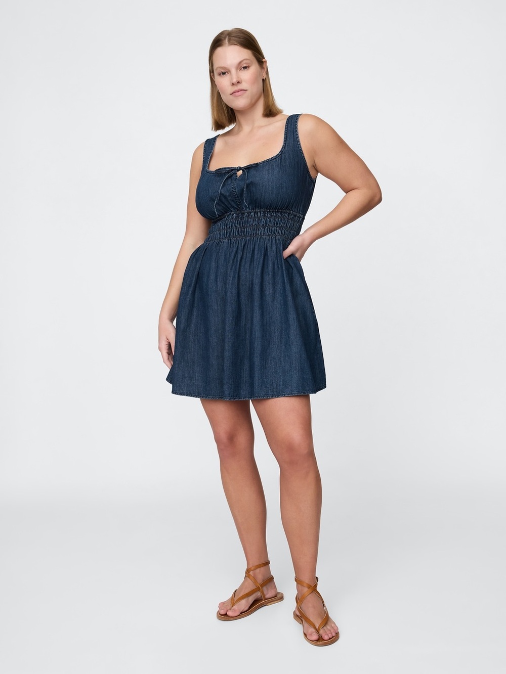 Gap Denim Tie Front Mini Dress XL Dark Wash Western Cowgirl Smocked